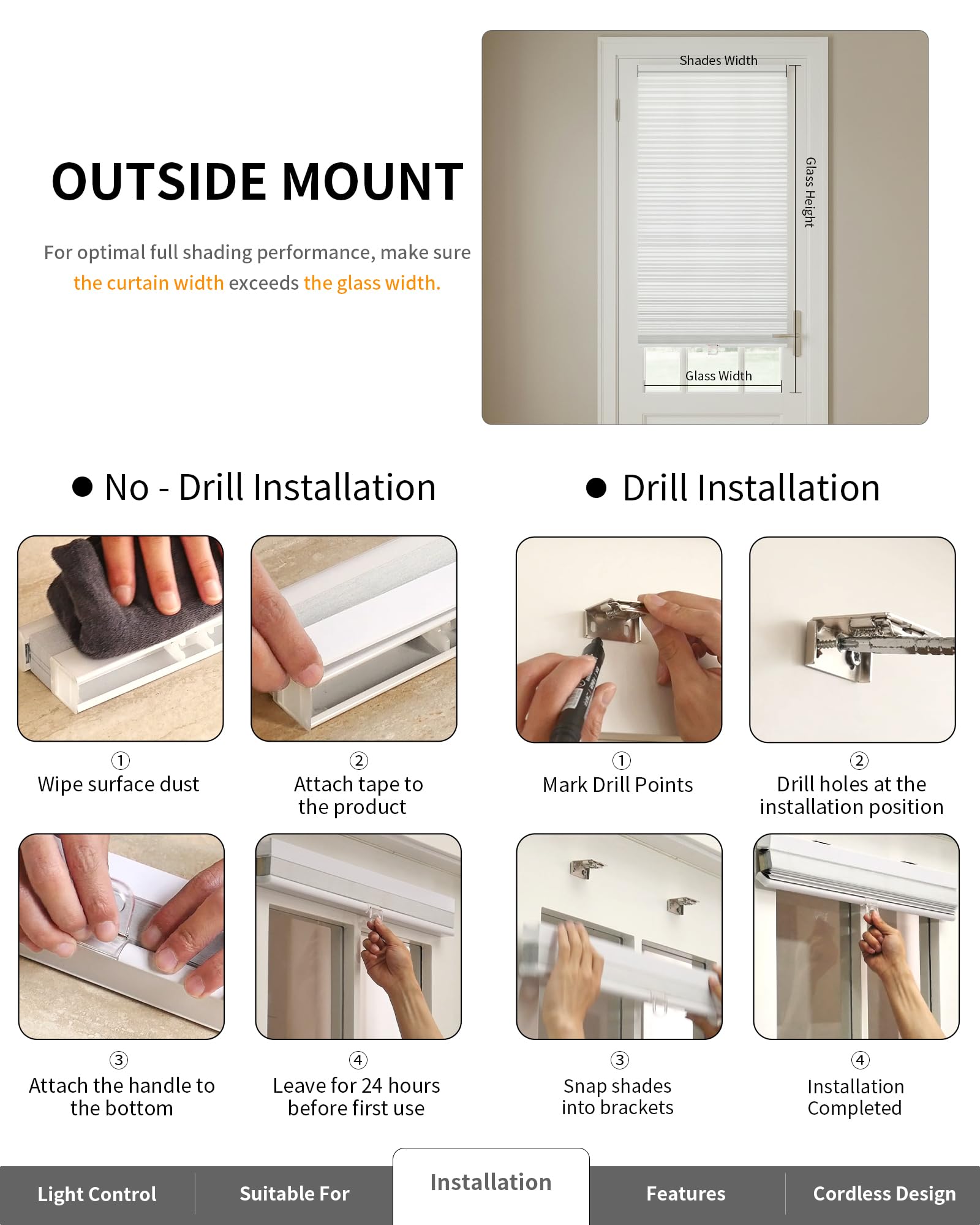 Inside mount and outside mount options for 24x40 shade