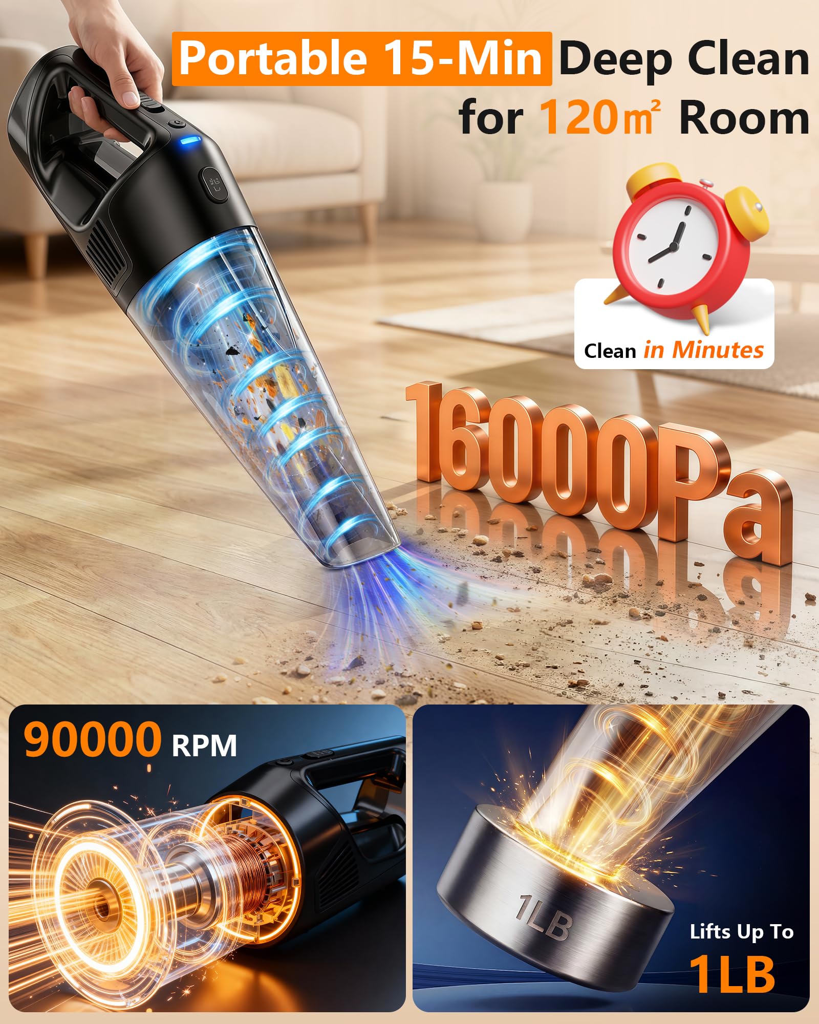 Cordless handheld vacuum with 26000Pa suction