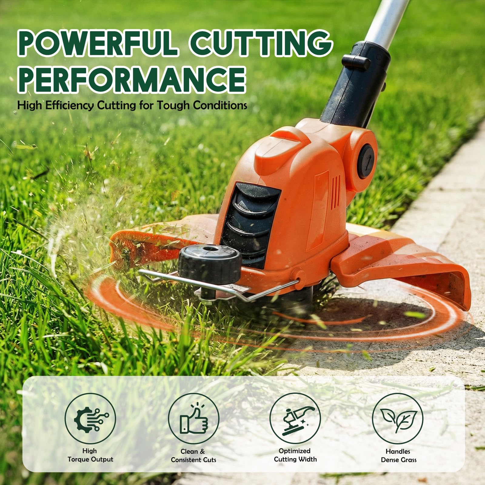 Cordless string trimmer with 12 inch cutting width close up