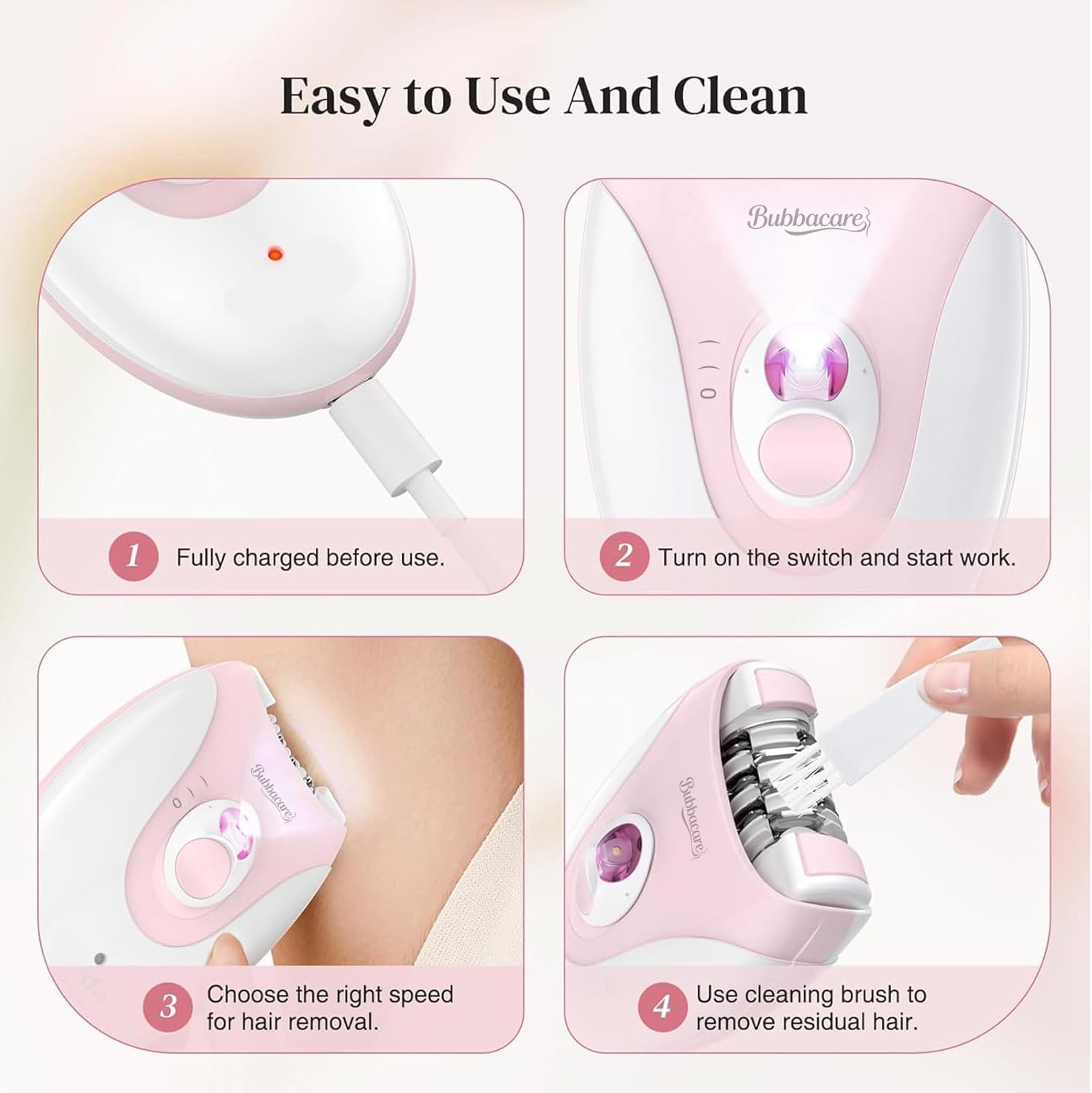 Cordless USB rechargeable epilator with charging cable