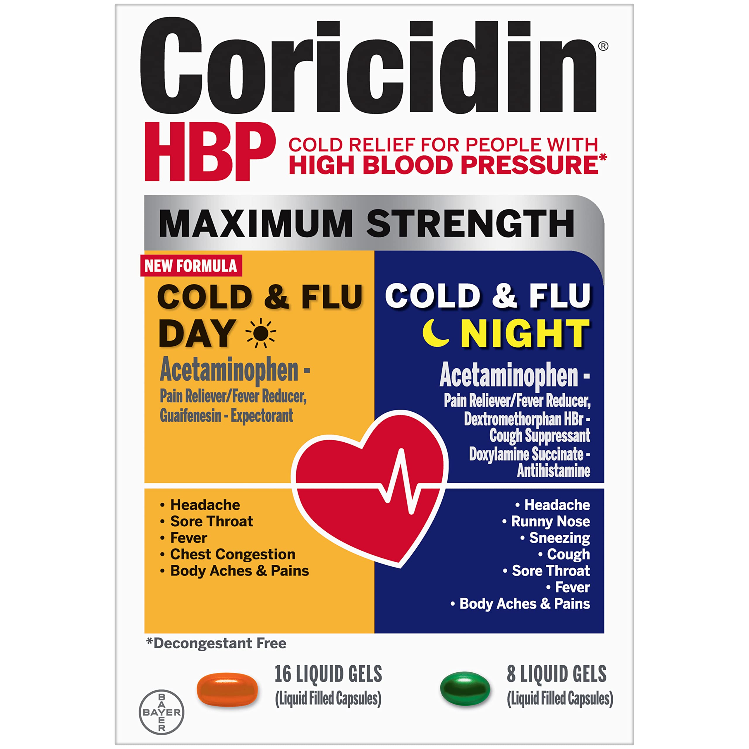Boxed Coricidin HBP packaging for Day Night liquids