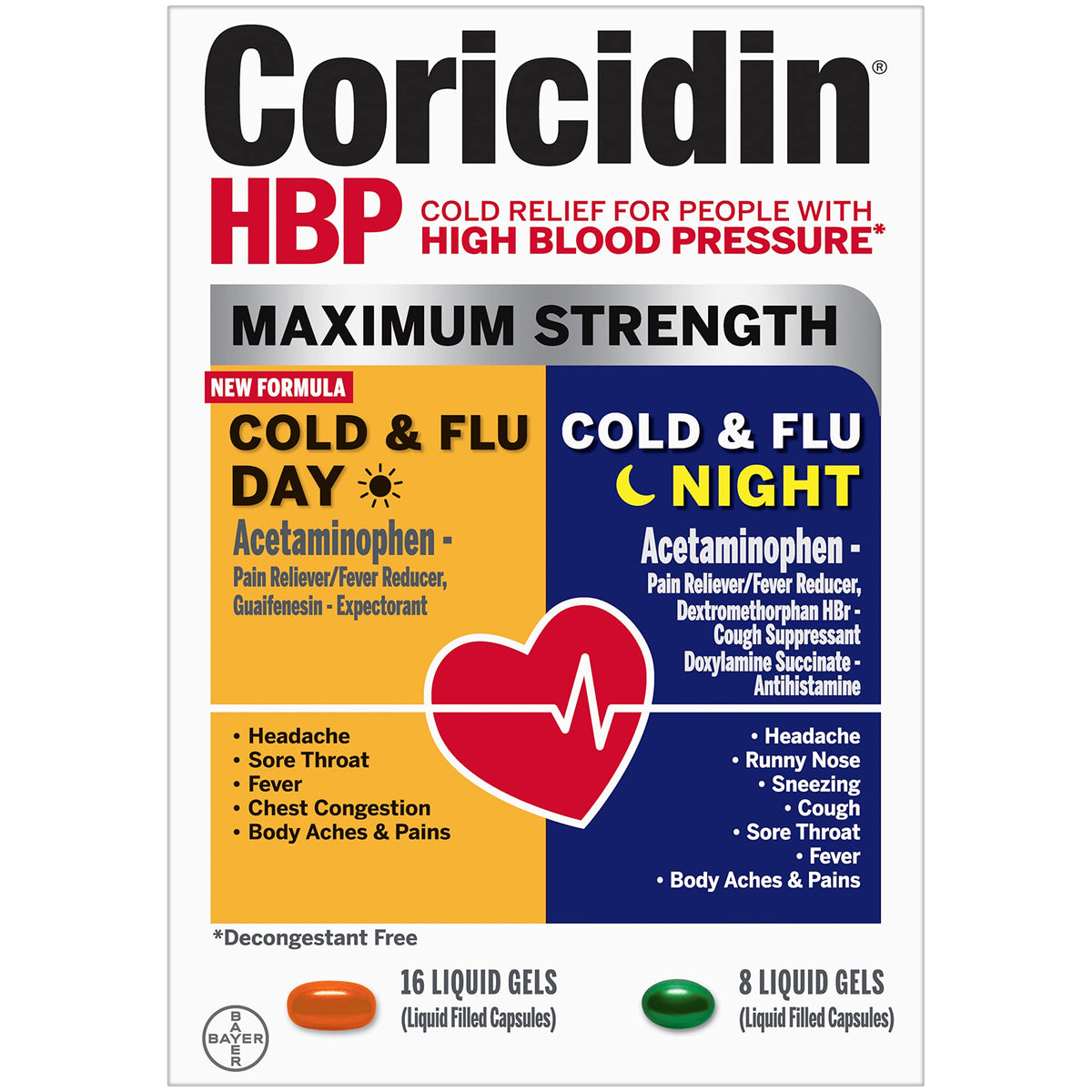 Boxed Coricidin HBP packaging for Day Night liquids