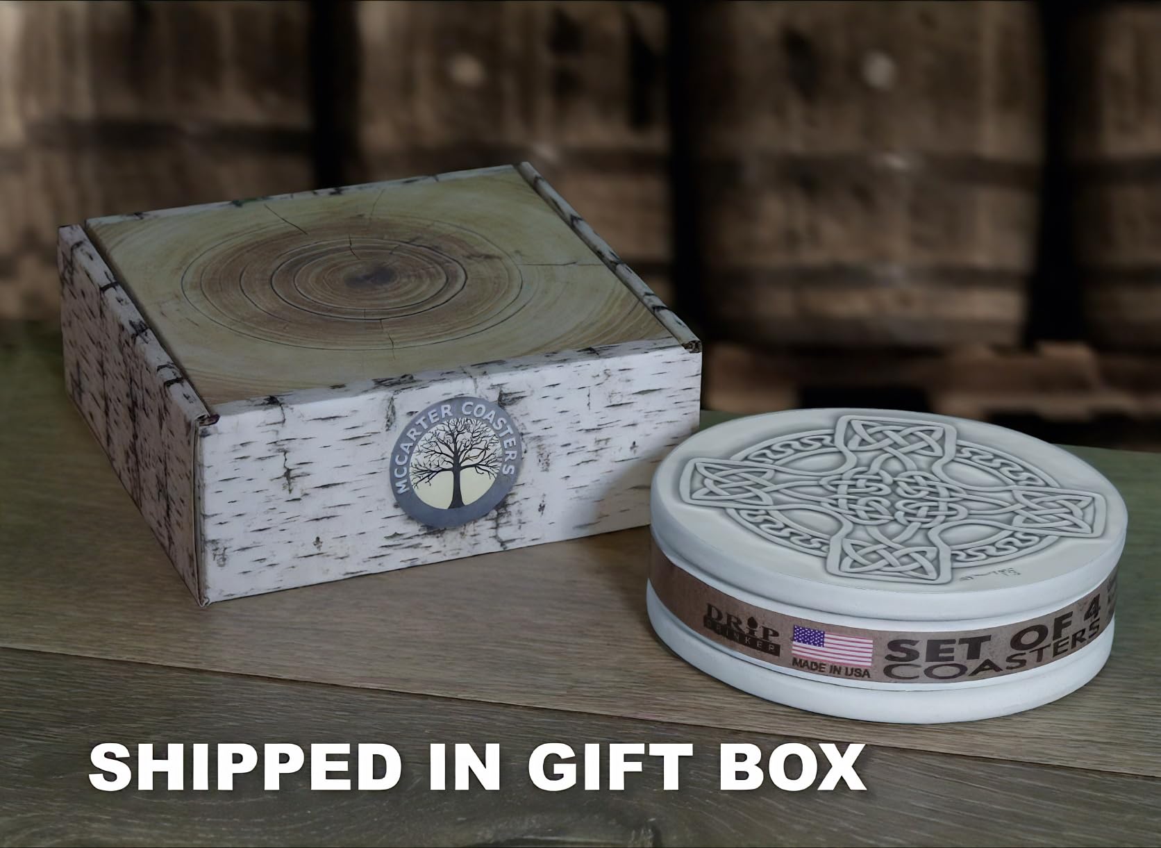 Set of four coasters protects kitchen surfaces