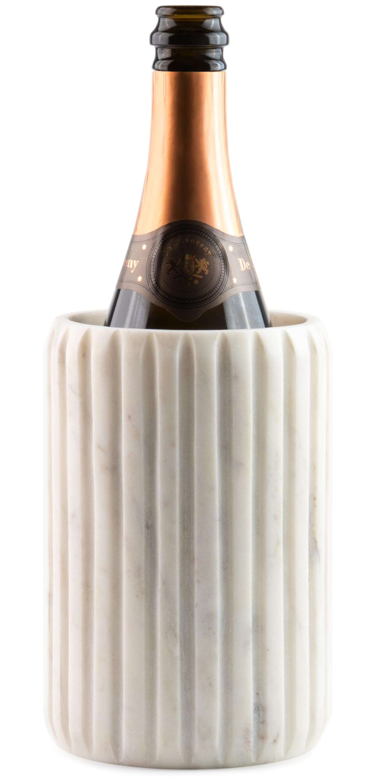 Cork & Mill Marble Wine Chiller on dining table with bottle
