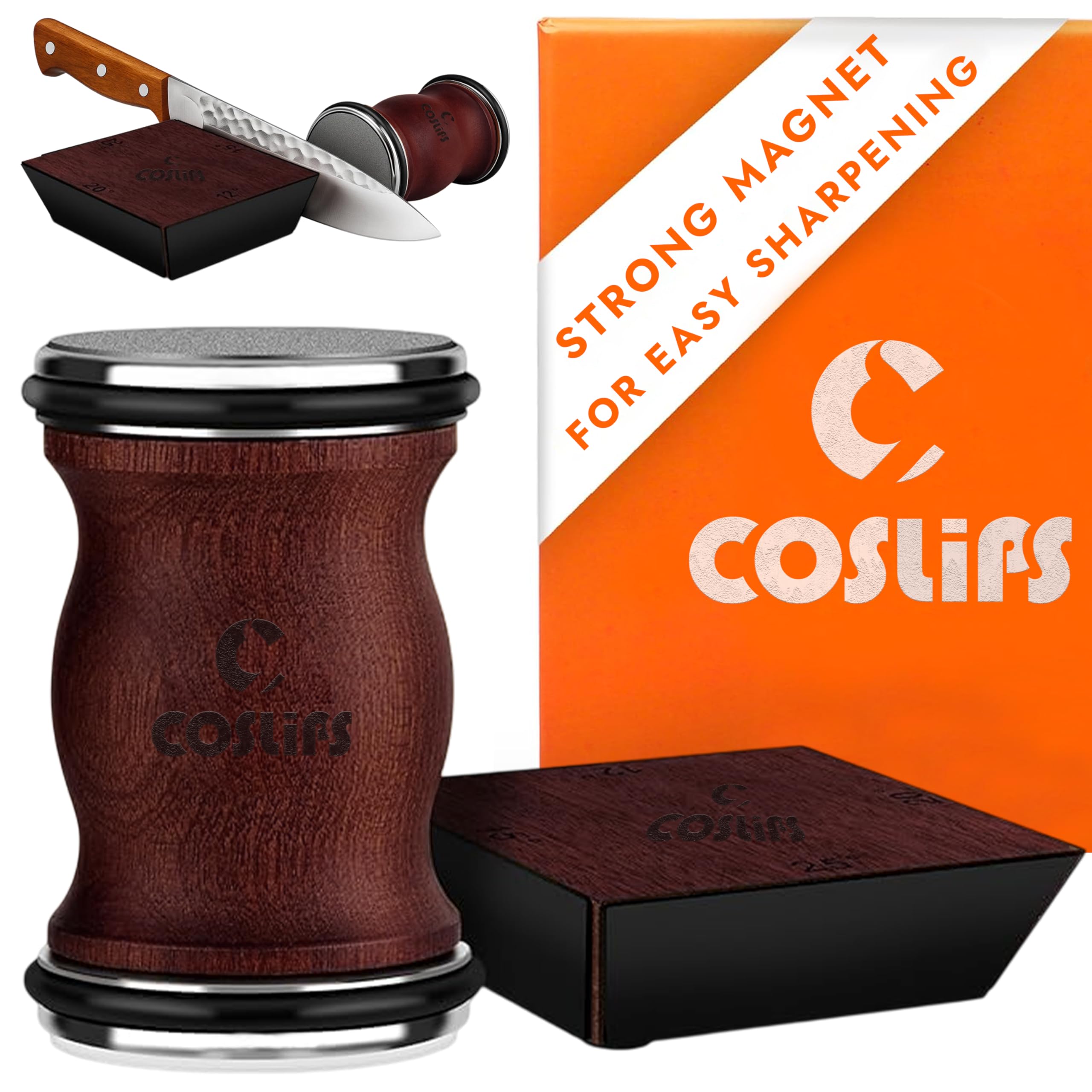 COSLIPS rolling knife sharpener with magnetic base and wood body