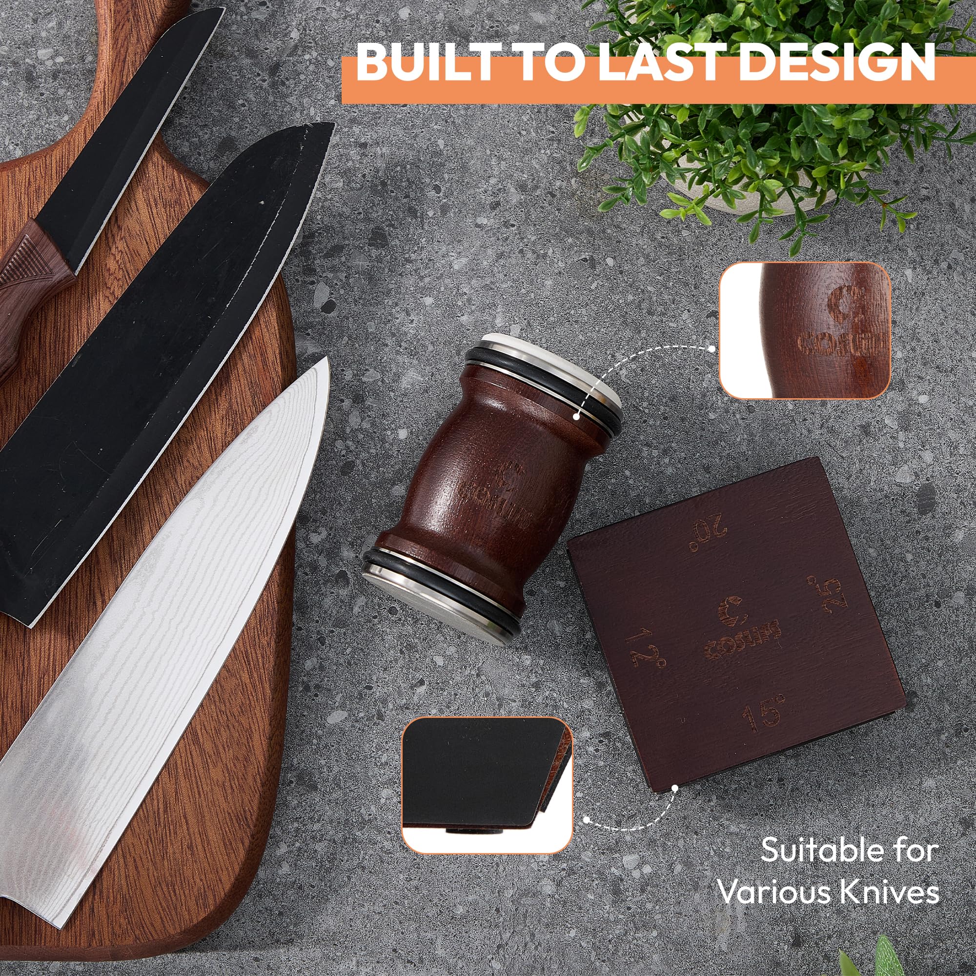 Sapele wood body of COSLIPS knife sharpener