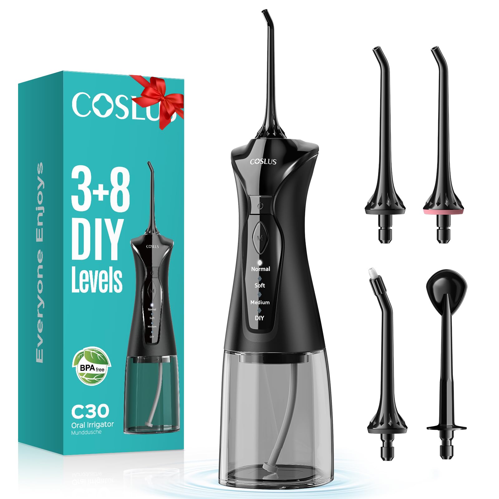COSLUS C30 water dental flosser black front view