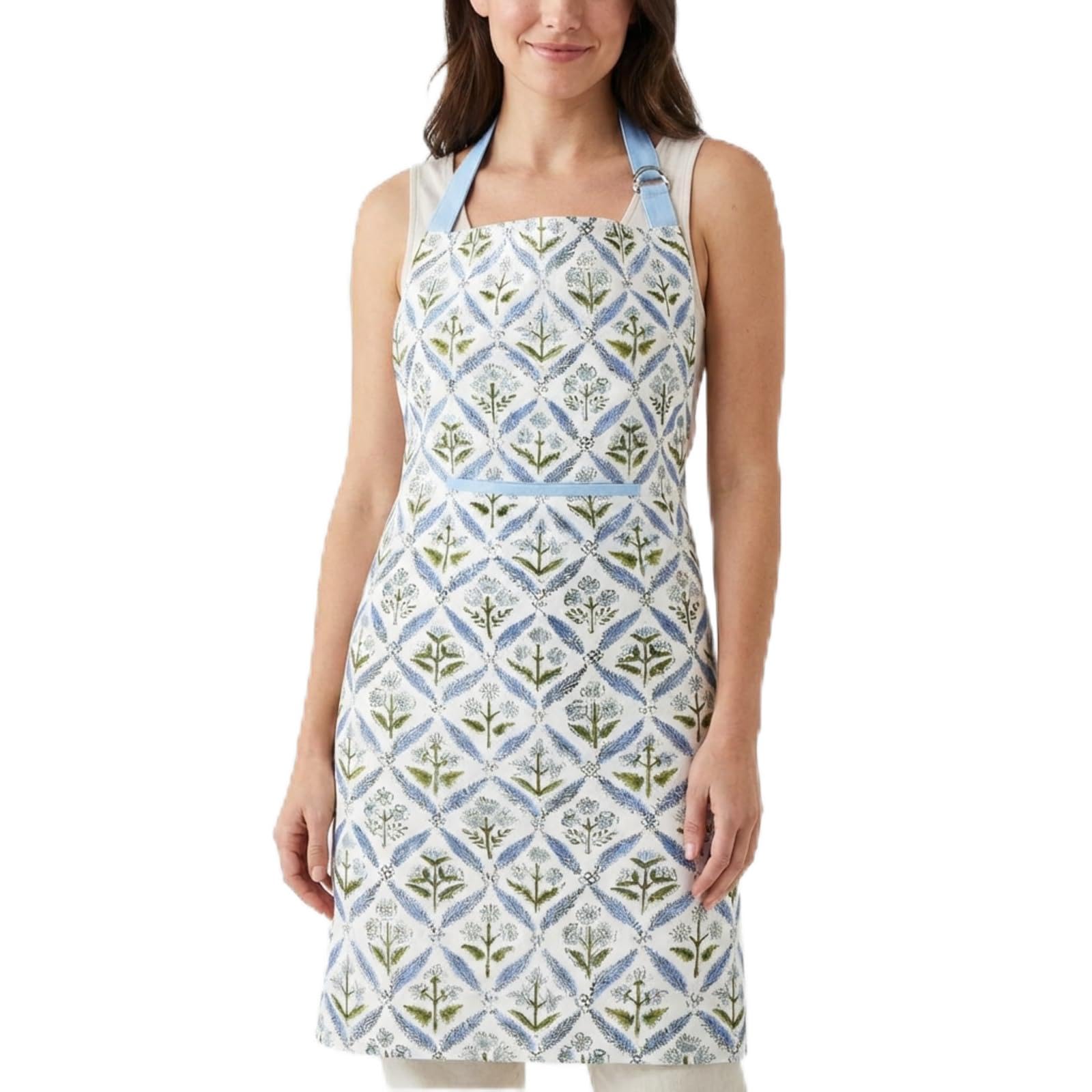Cotwinter block print kitchen apron blue green floral for women