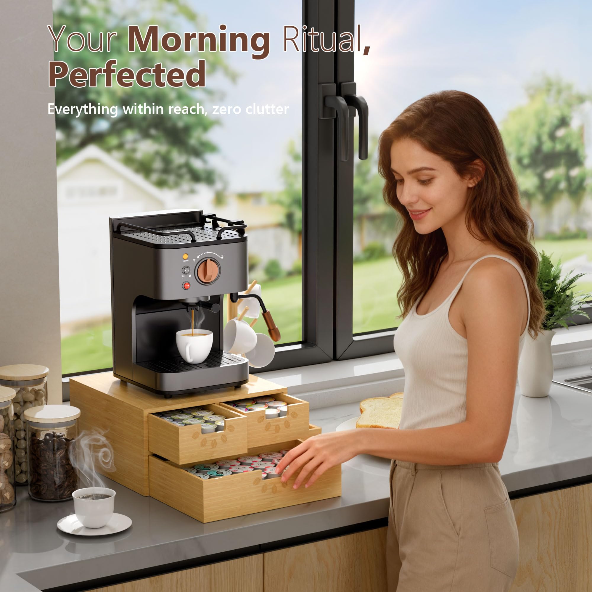 Kitchen counter coffee pod drawer setup