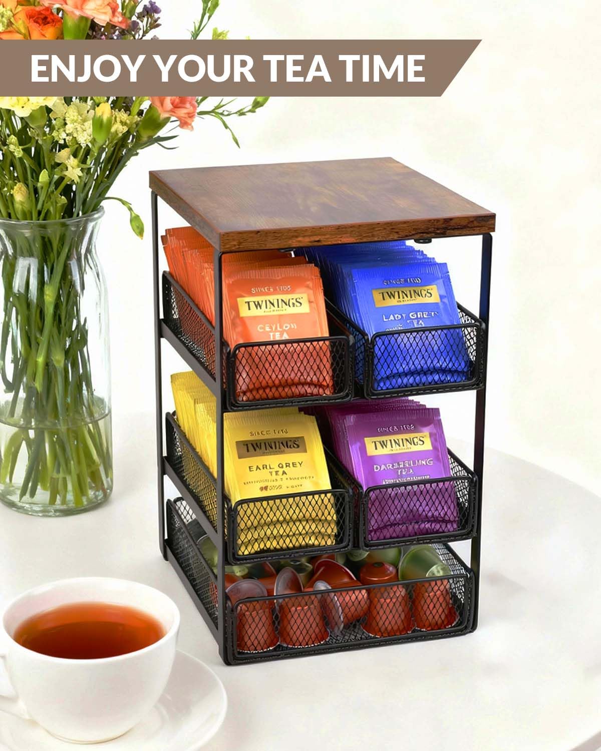 Countertop tea bag holder for kitchen and coffee bar