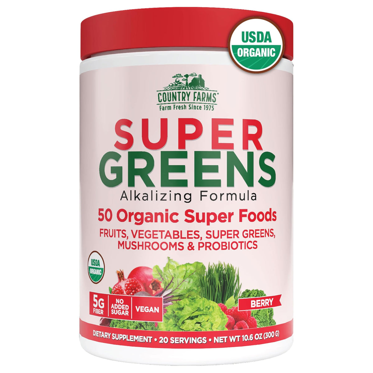 Country Farms Organic Super Greens Powder Berry Flavor packaging