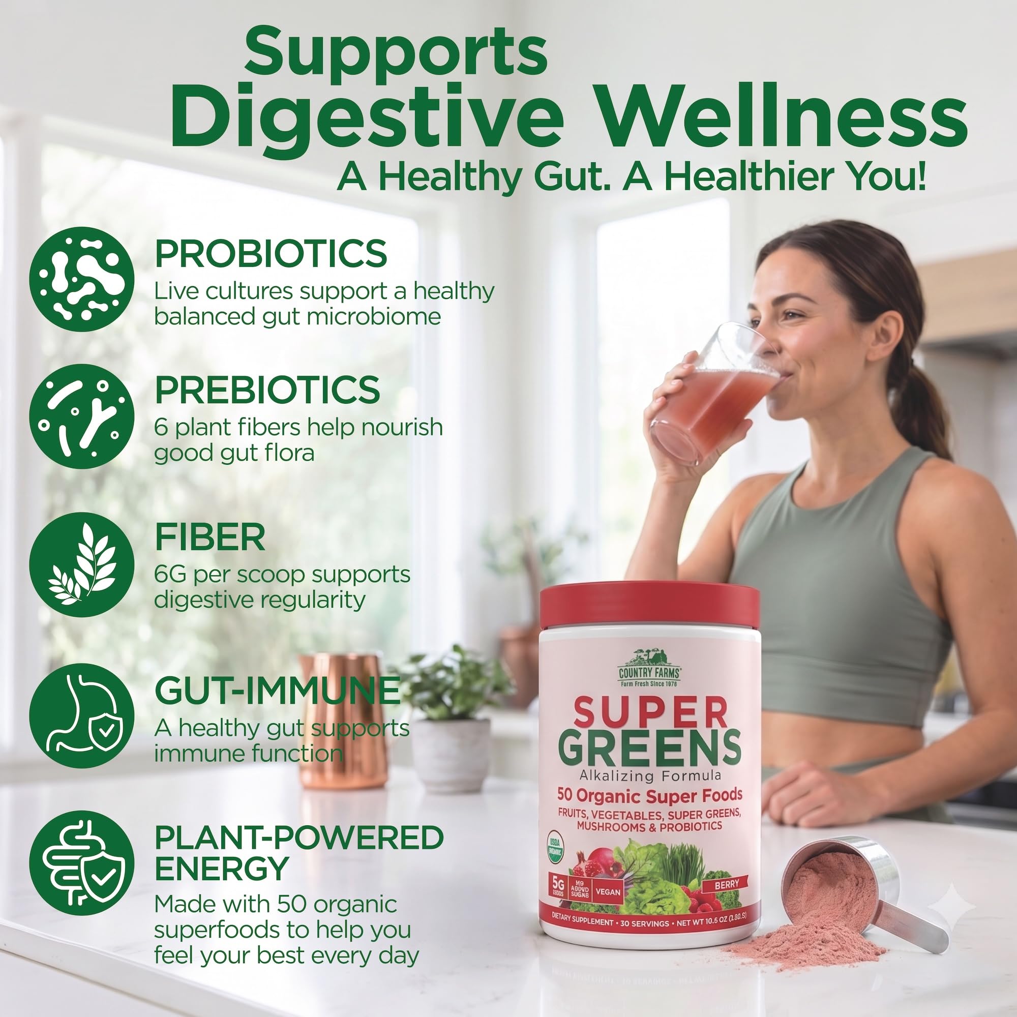 Polyphenols antioxidants and mushroom blend in greens powder