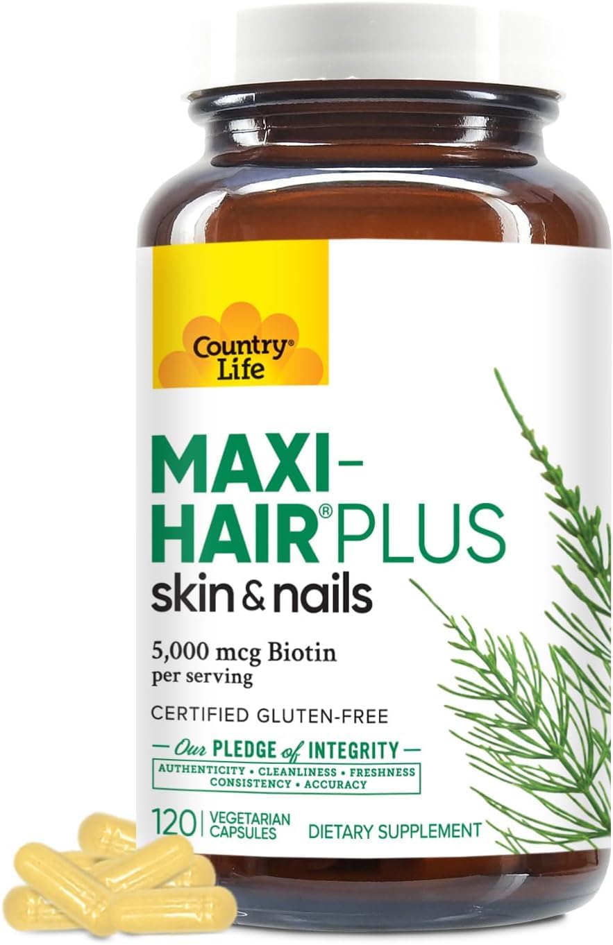 Country Life Maxi-Hair Plus 5 000 mcg Biotin 120 Capsules label packaging
