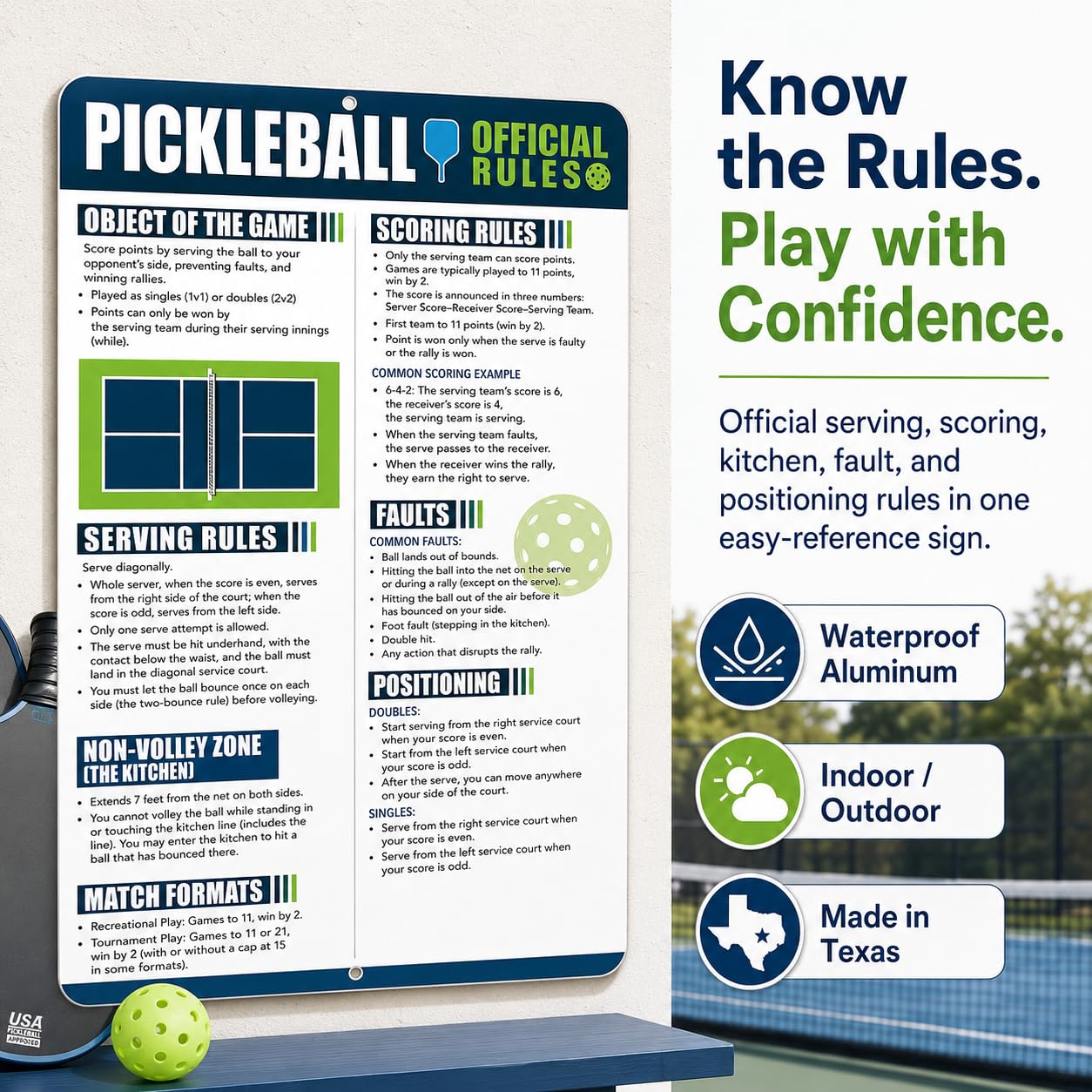 Court rules poster for singles and doubles pickleball