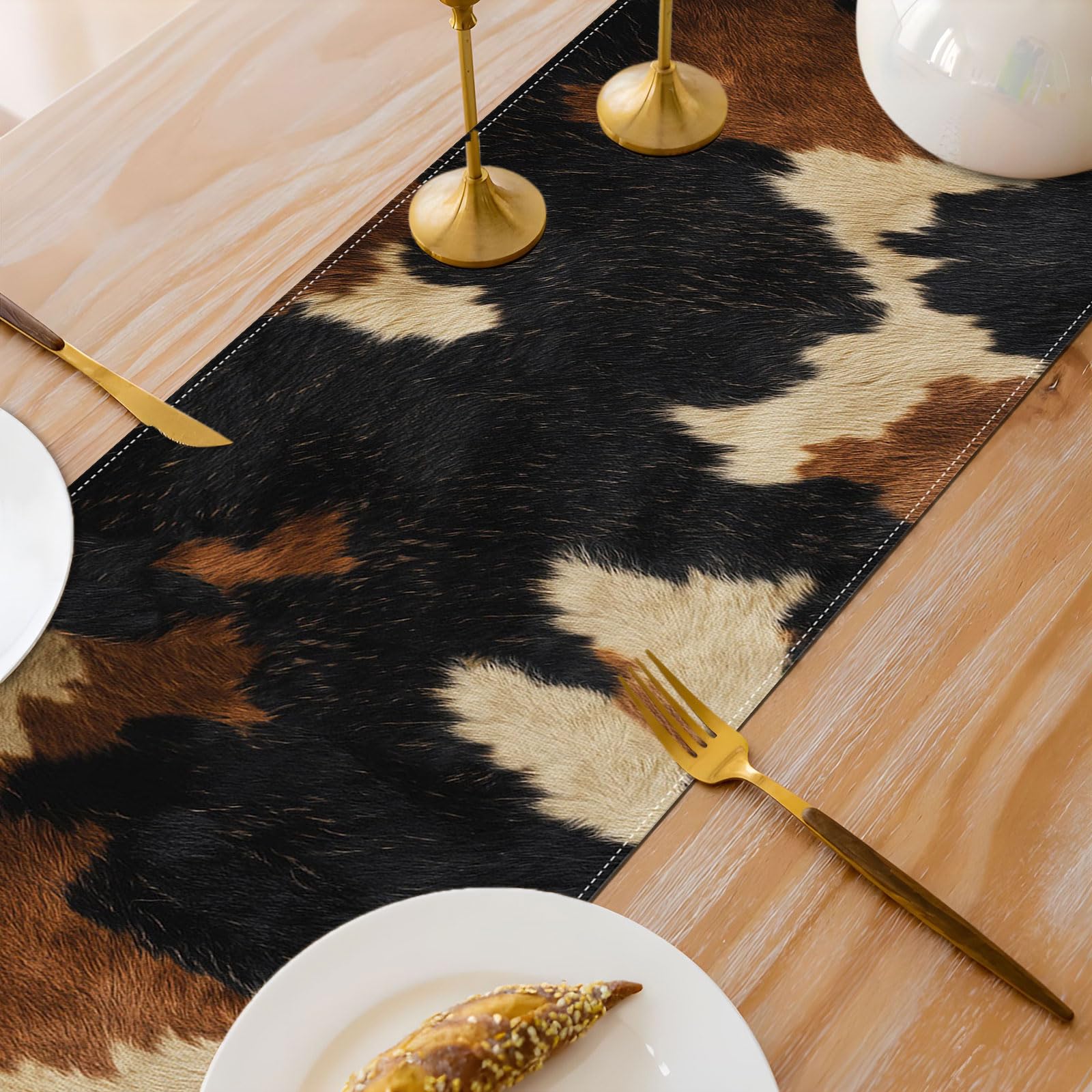 Cowhide themed table runner for indoor outdoor use