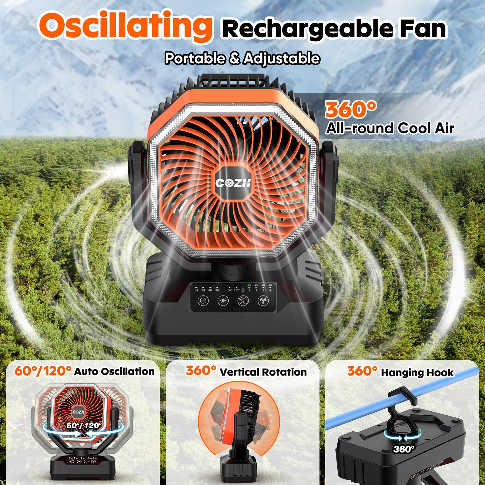 COZII fan with 360 degree pivot and oscillation features
