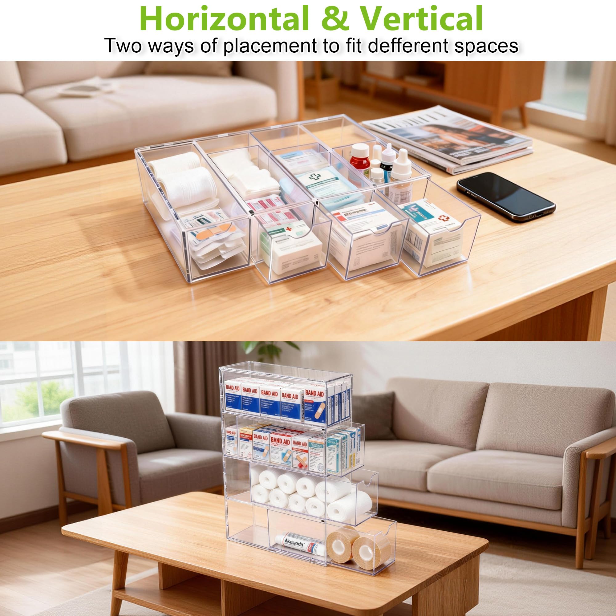 Thick acrylic bandaid holder used for home office storage setup