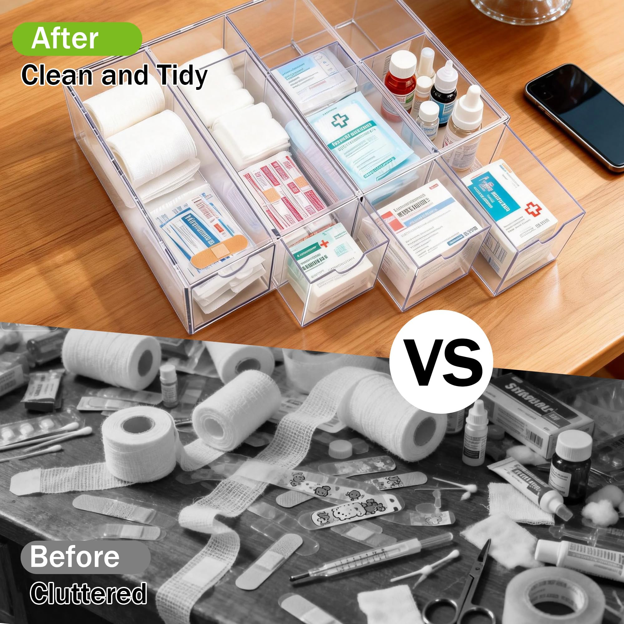 Bandage organizer displayed vertical orientation inside cabinet or drawer