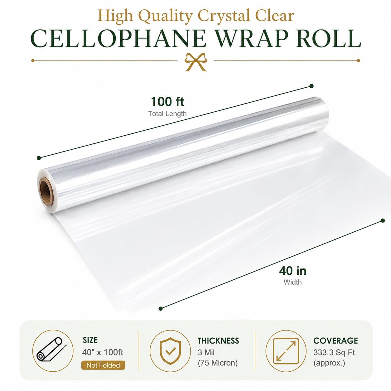 Clear cellophane wrap roll 40 inch width 100 feet length for gifts