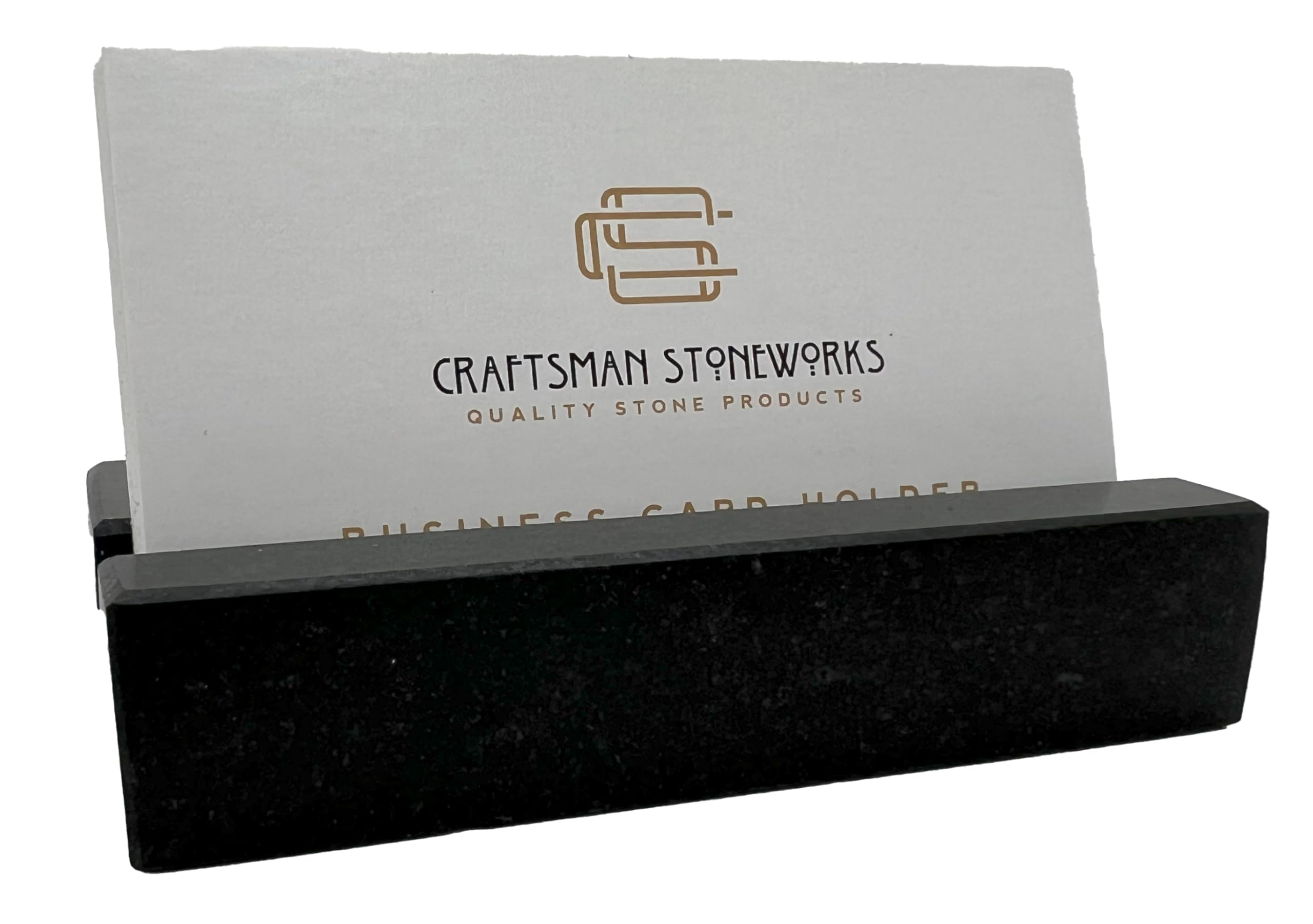 Honed black absolute granite card holder close up
