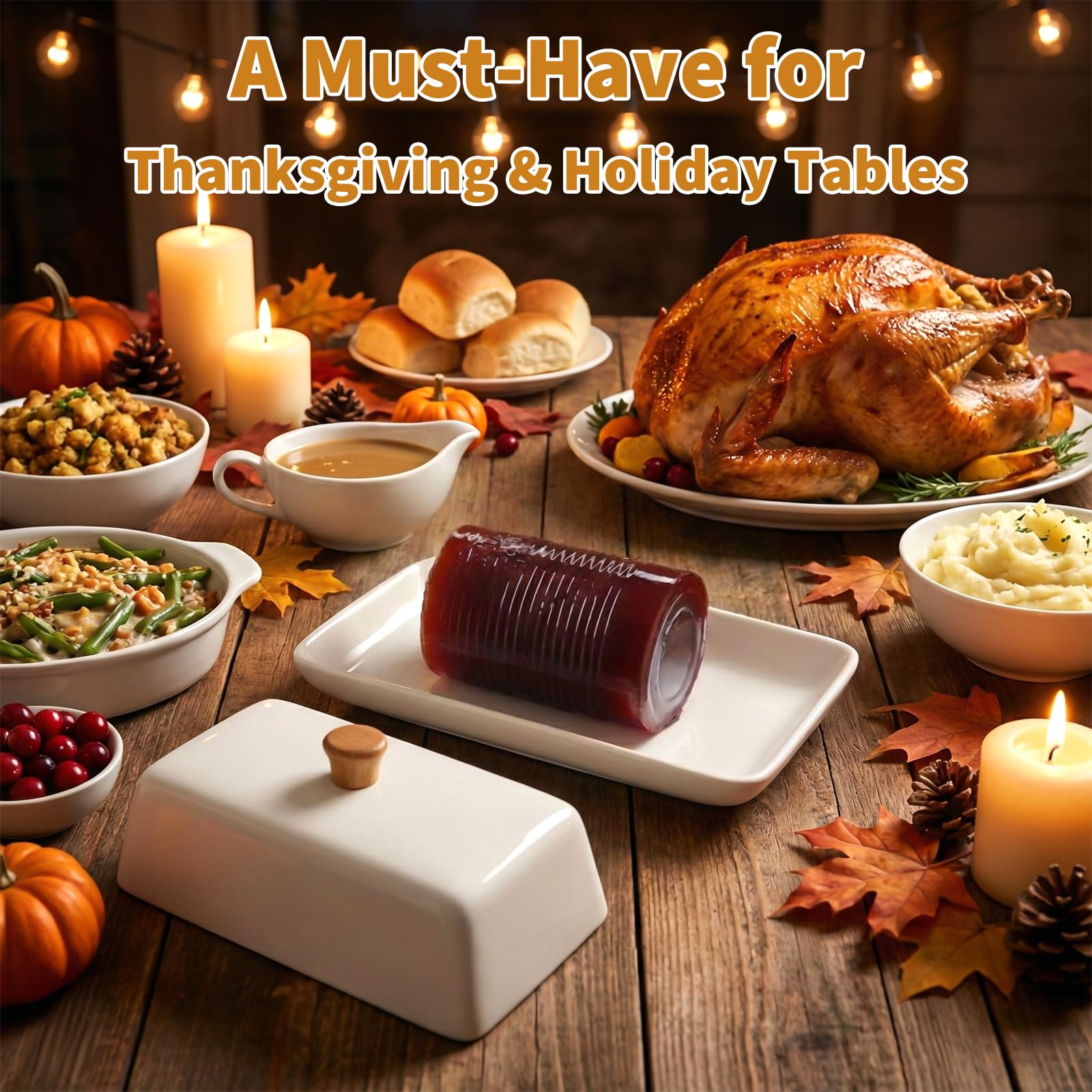 Cranberry sauce bowl with rectangular lid and wooden grip handle
