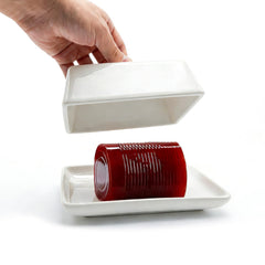 Cranberry sauce serving dish with lid in white glazed ceramic