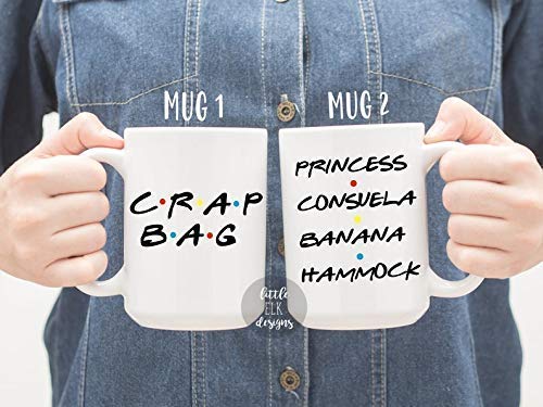 15oz white ceramic mugs from Crap Bag & Princess Consuela Banana Hammock set