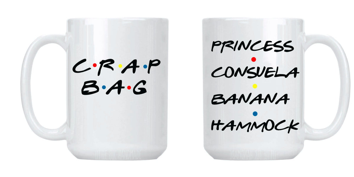 Crap Bag & Princess Consuela Banana Hammock mug set 15oz white cups side by side