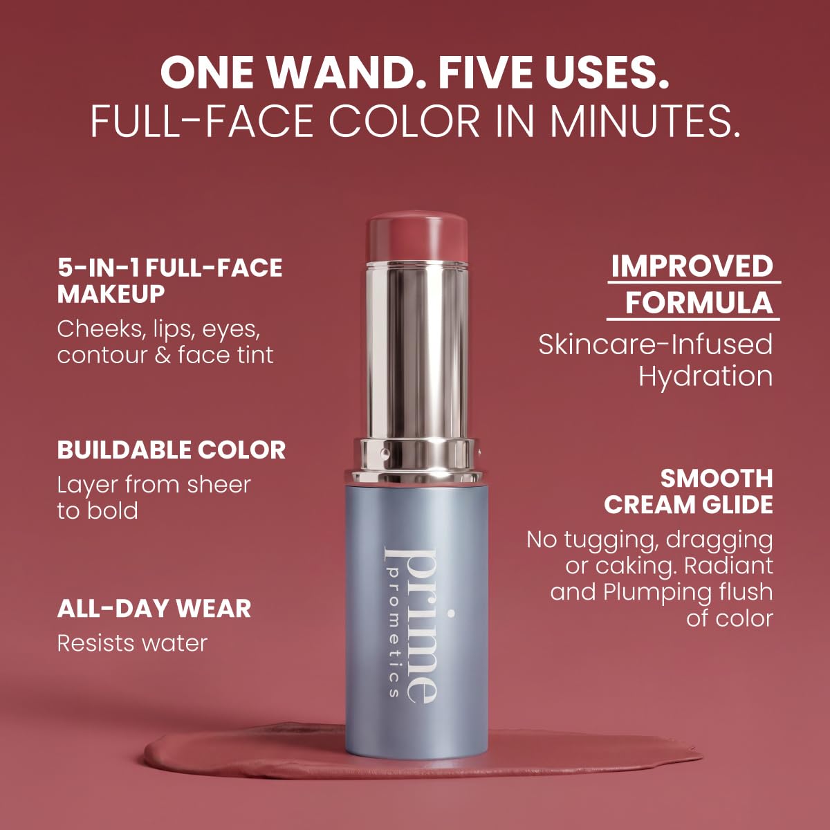 PrimeWand Nude cream blush stick applied to cheek for mature skin