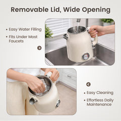 Cream colored kettle with wide opening and removable lid