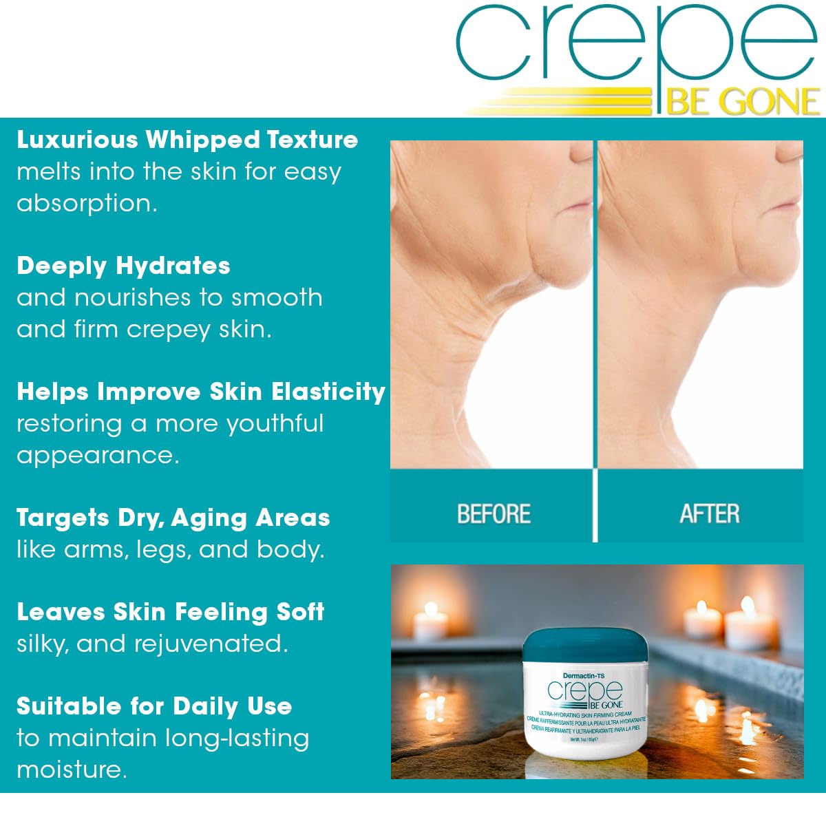 Targets crepey skin to improve elasticity and softness