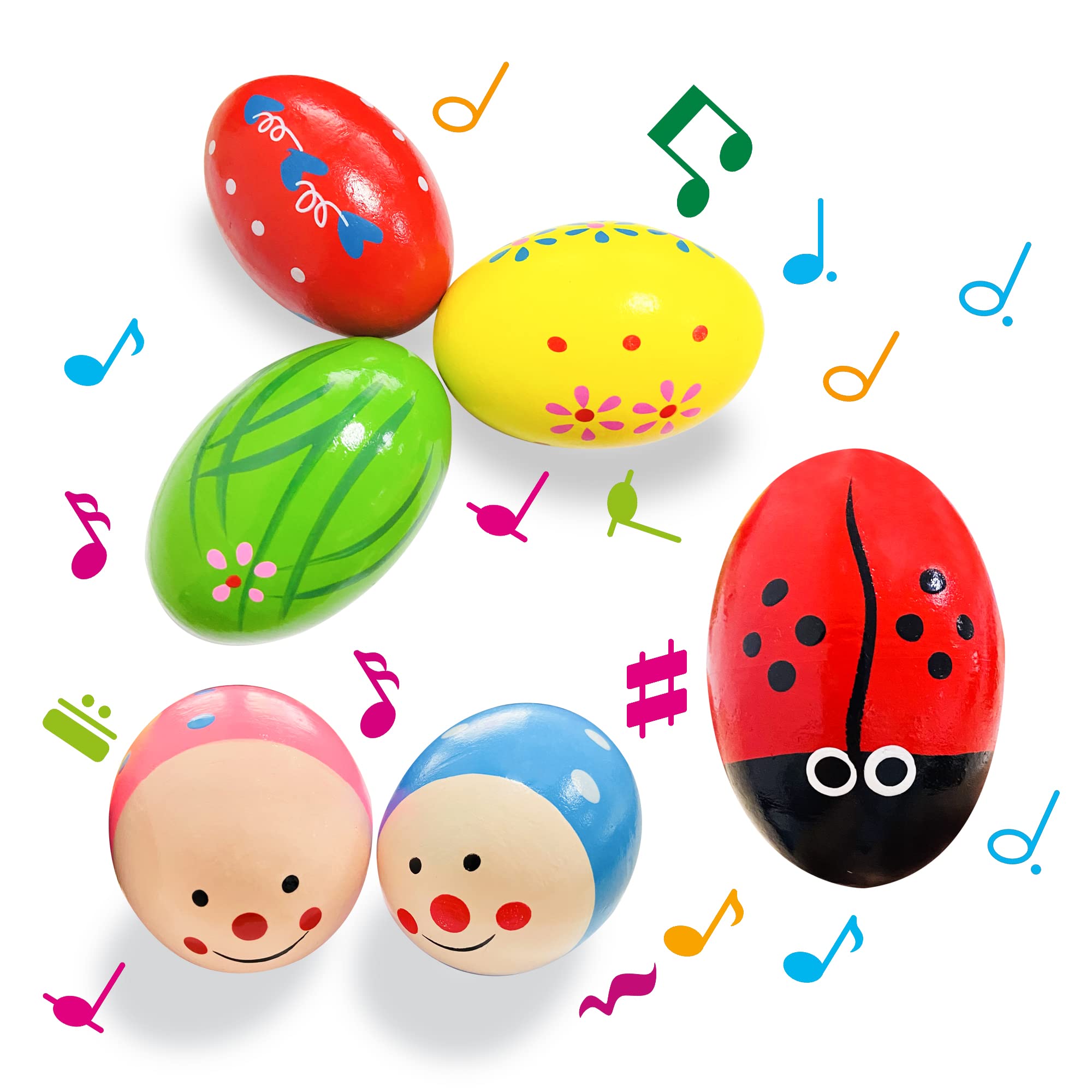 Assorted bright color and painted designs on wooden shakers