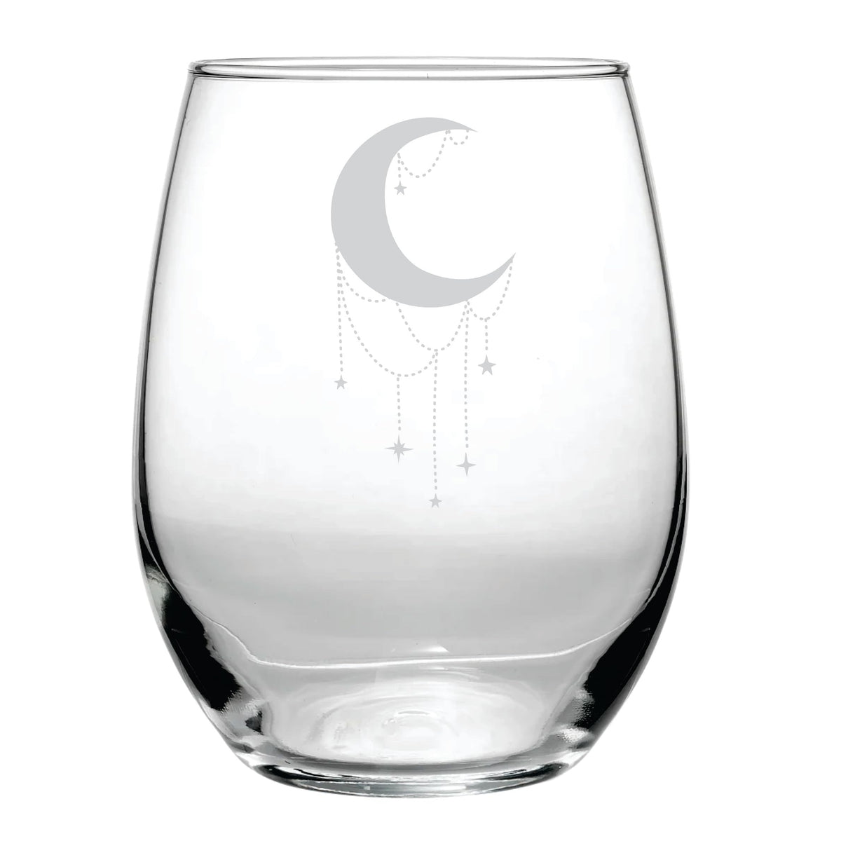 Crescent Moon Crystal 15 oz stemless glass with etched crescent moon design