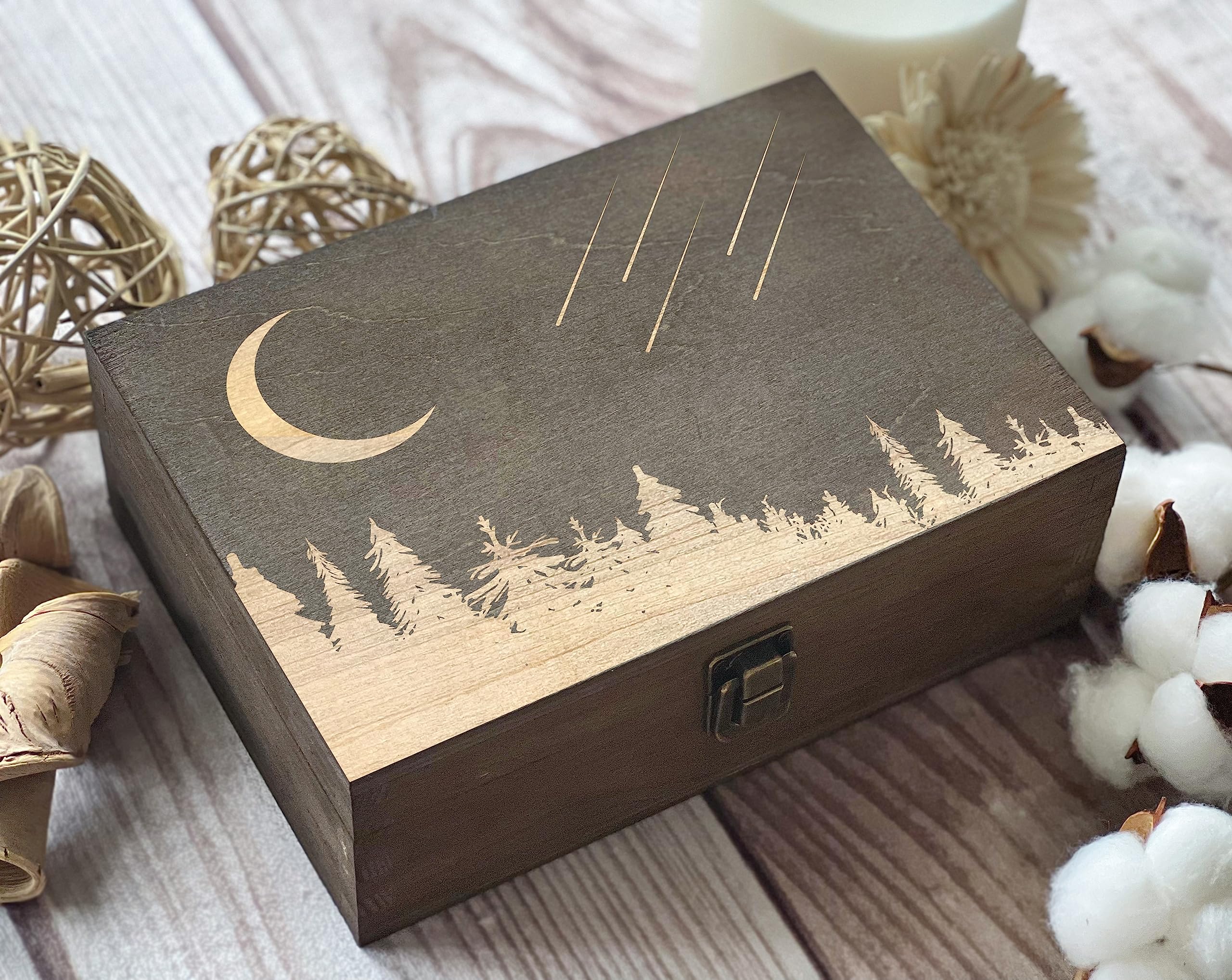 Wooden keepsake box featuring falling stars