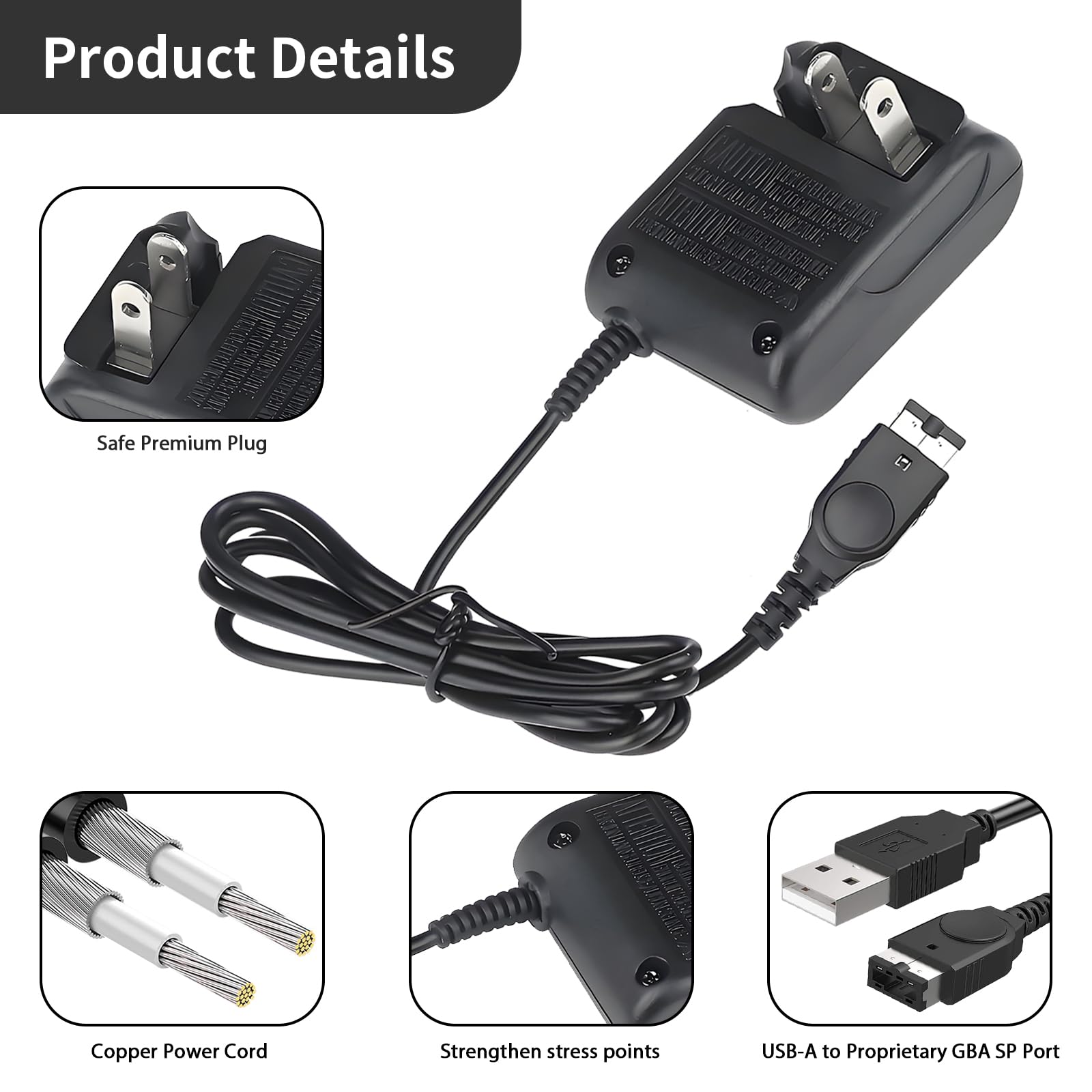 Critin charger 43-inch cord extended reach for Gameboy Advance SP