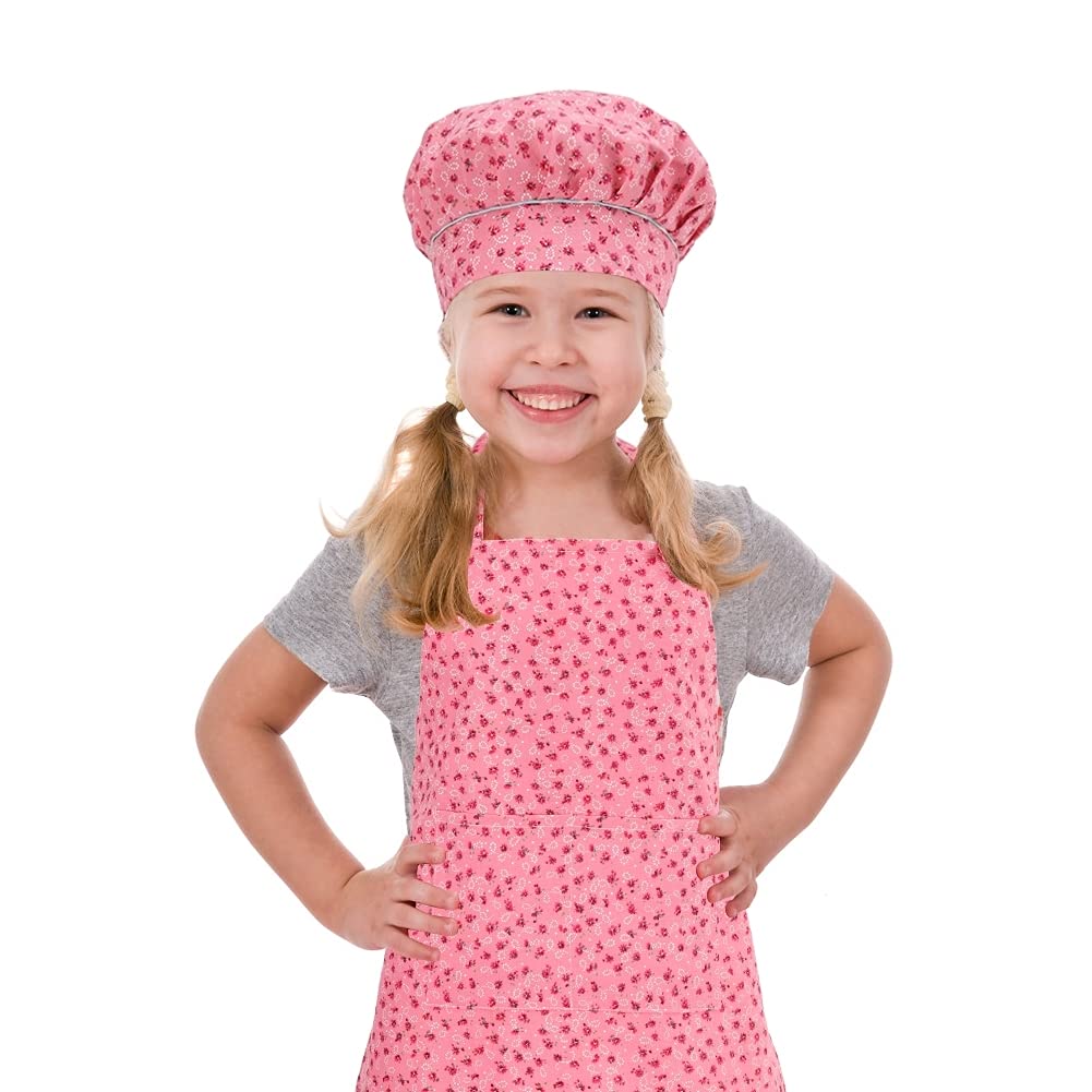 CRJHNS Kids Apron and Chef Hat Set pink flower print for kids