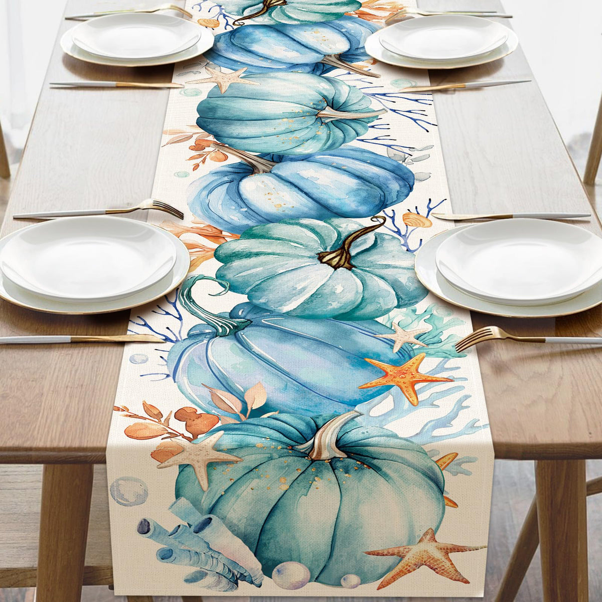 Croar dining table runner with coastal fall blue teal pumpkin design