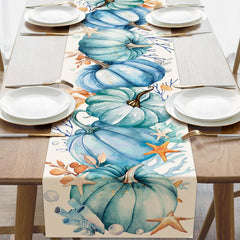 Croar dining table runner with coastal fall blue teal pumpkin design