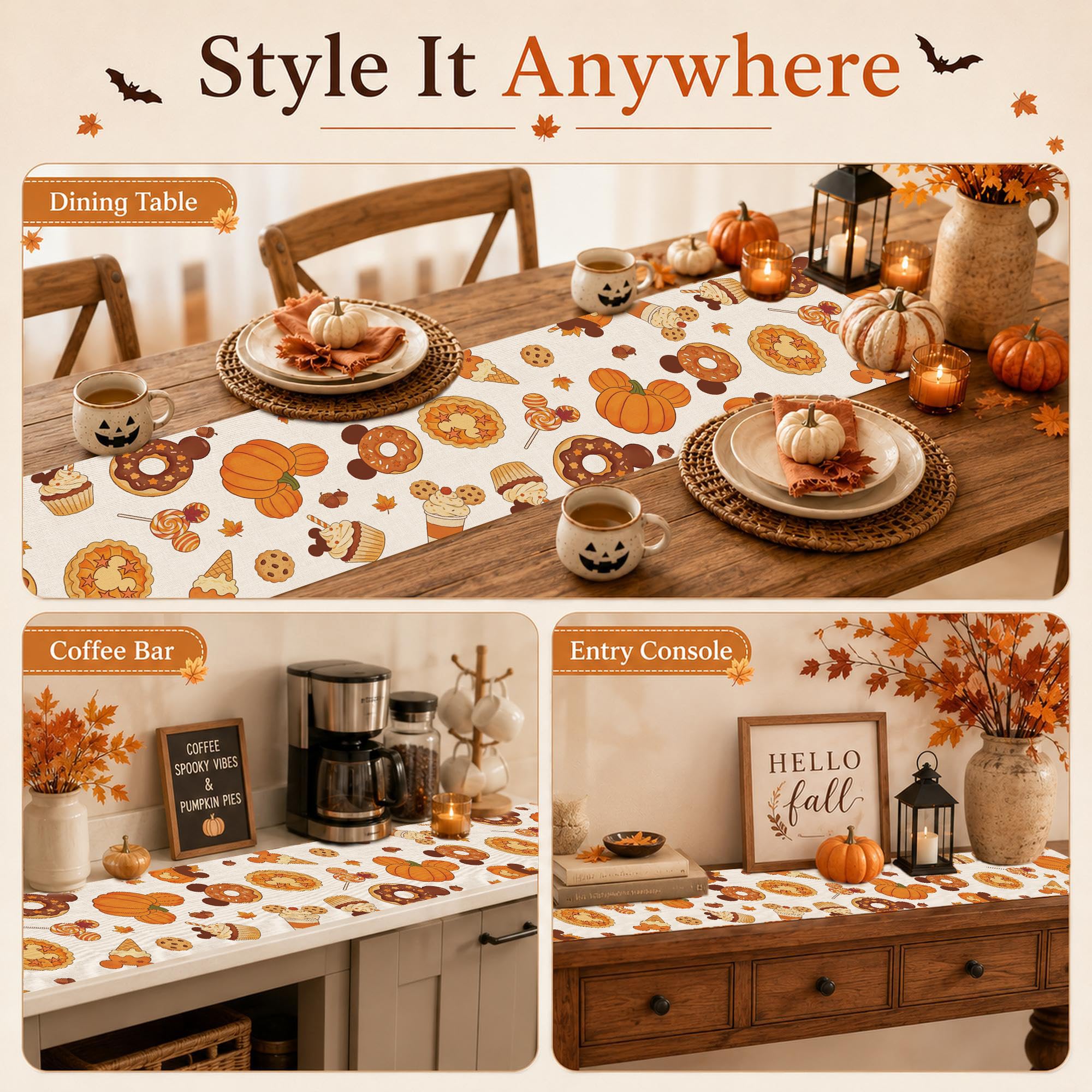 Autumn decor table runner 13 x 72 inches on table