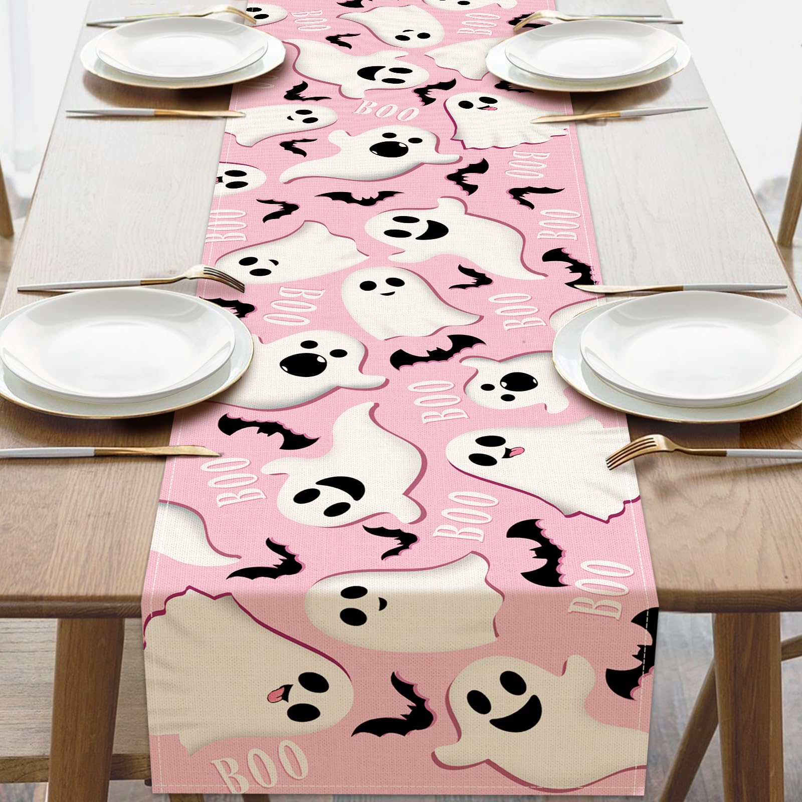 Croar Halloween Cute Ghost Boo Dining Table Runner pink burlap 13x72