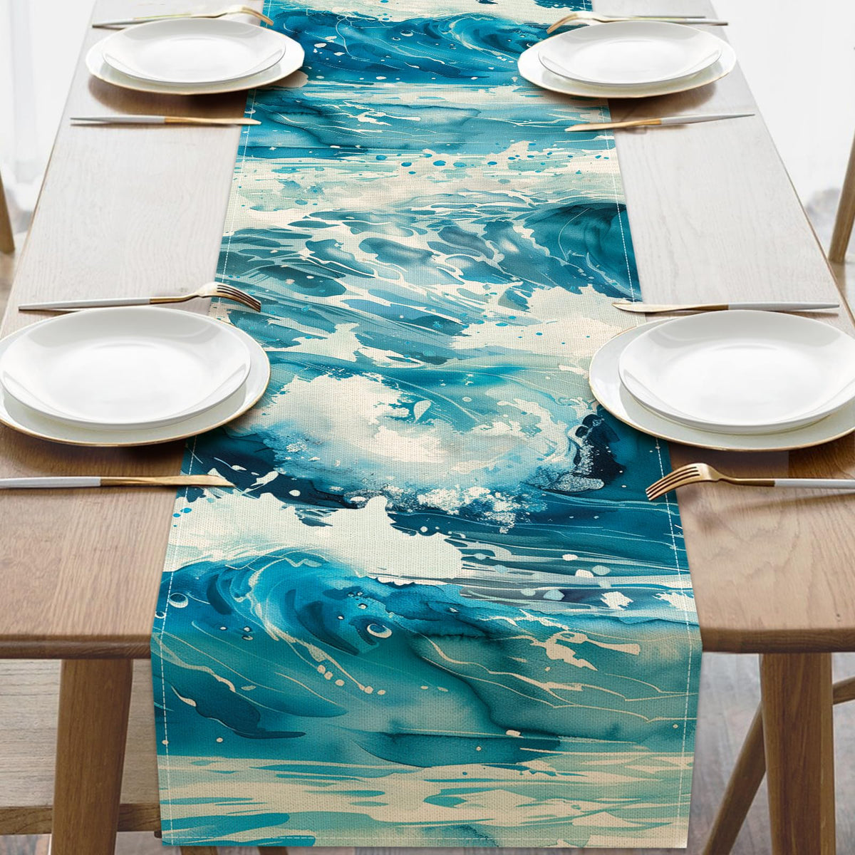 Croar Watercolor Sea Wave Nautical Table Runner front view