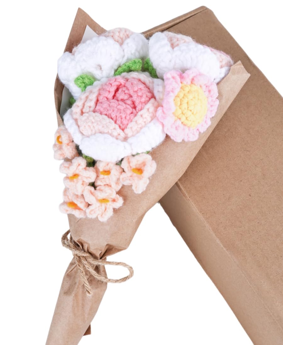 crochet flower bouquet with greeting card pink roses