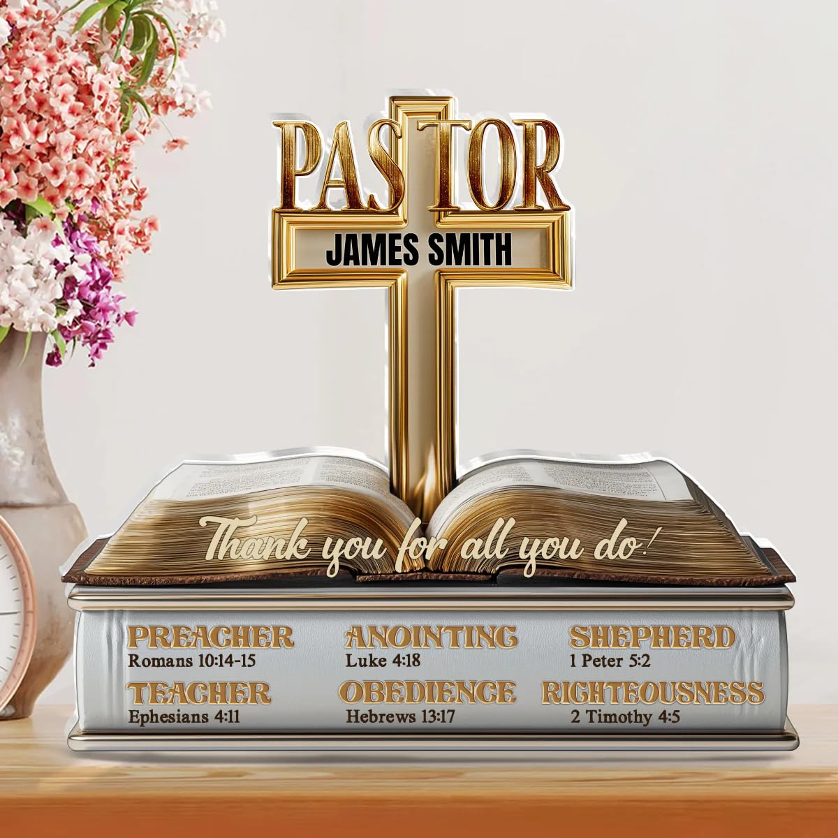 Cross and open Bible imagery on Christian gift plaque