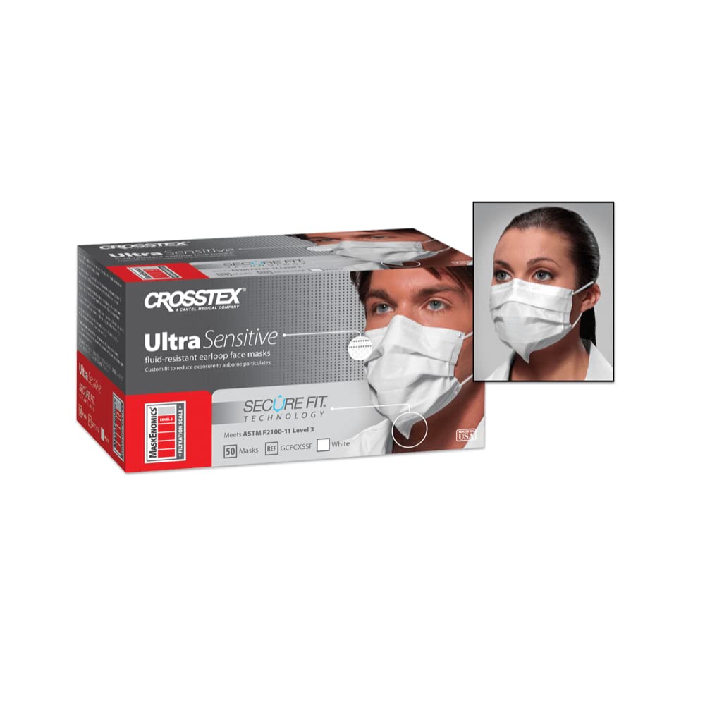 Crosstex Securefit Ultra Sensitive Earloop Mask White ASTM Level 3 box of 50 masks