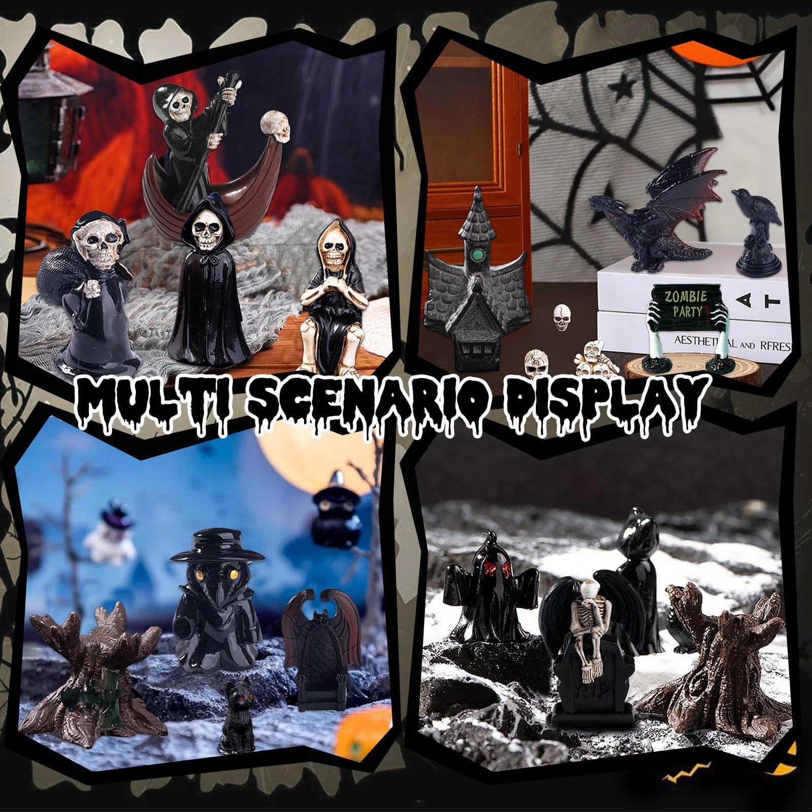 Versatile Halloween decor figurines for shelves and tables