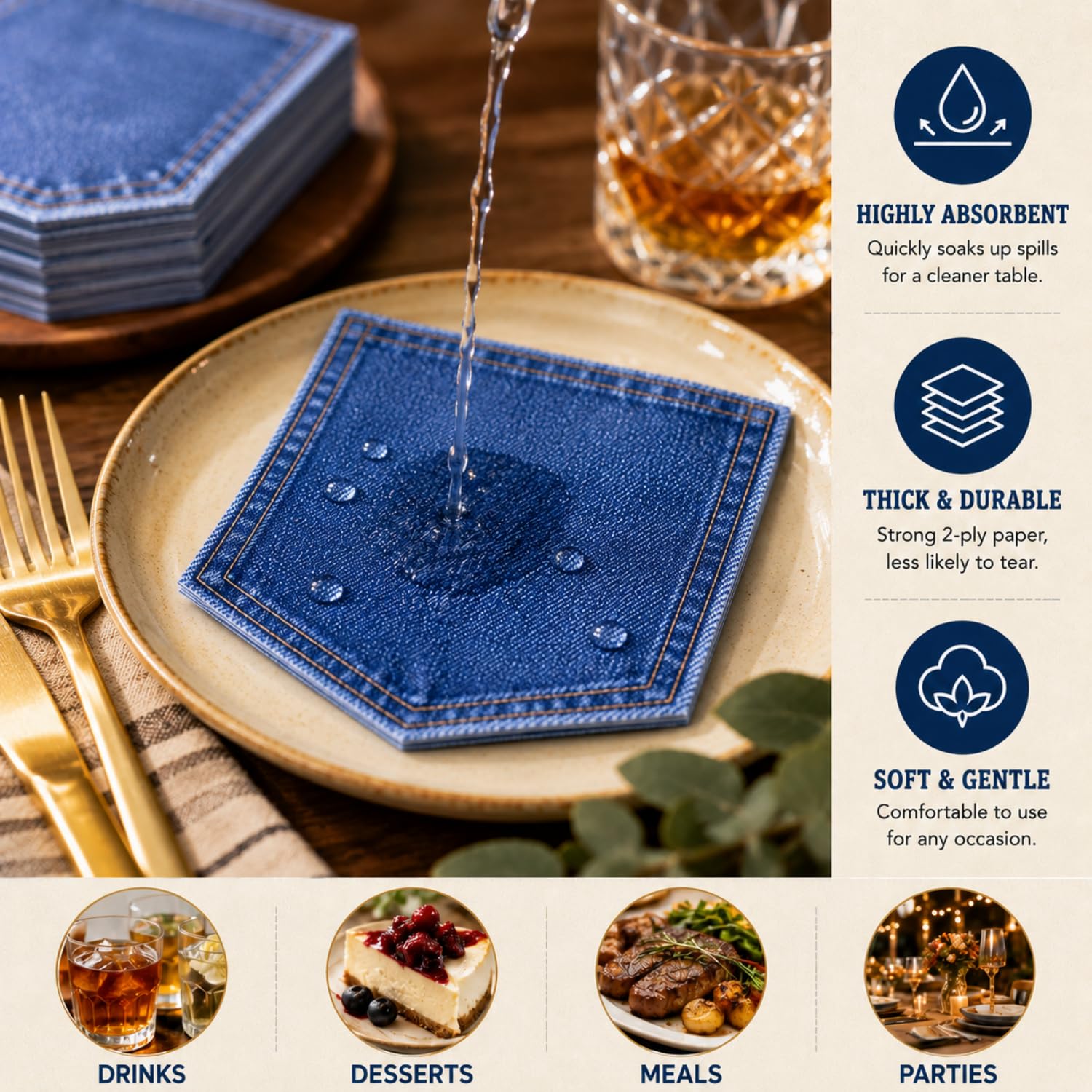 Thick flexible paper napkins with water absorption