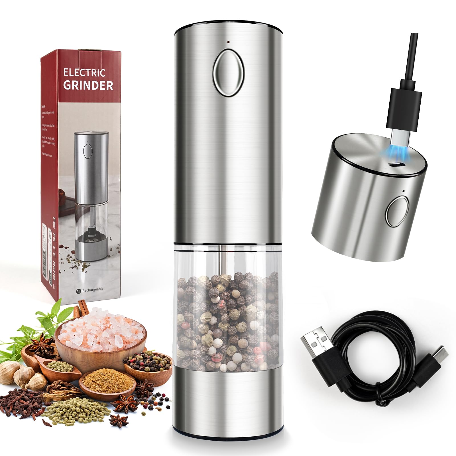 CRUCIBLY rechargeable salt and pepper grinder set stainless steel