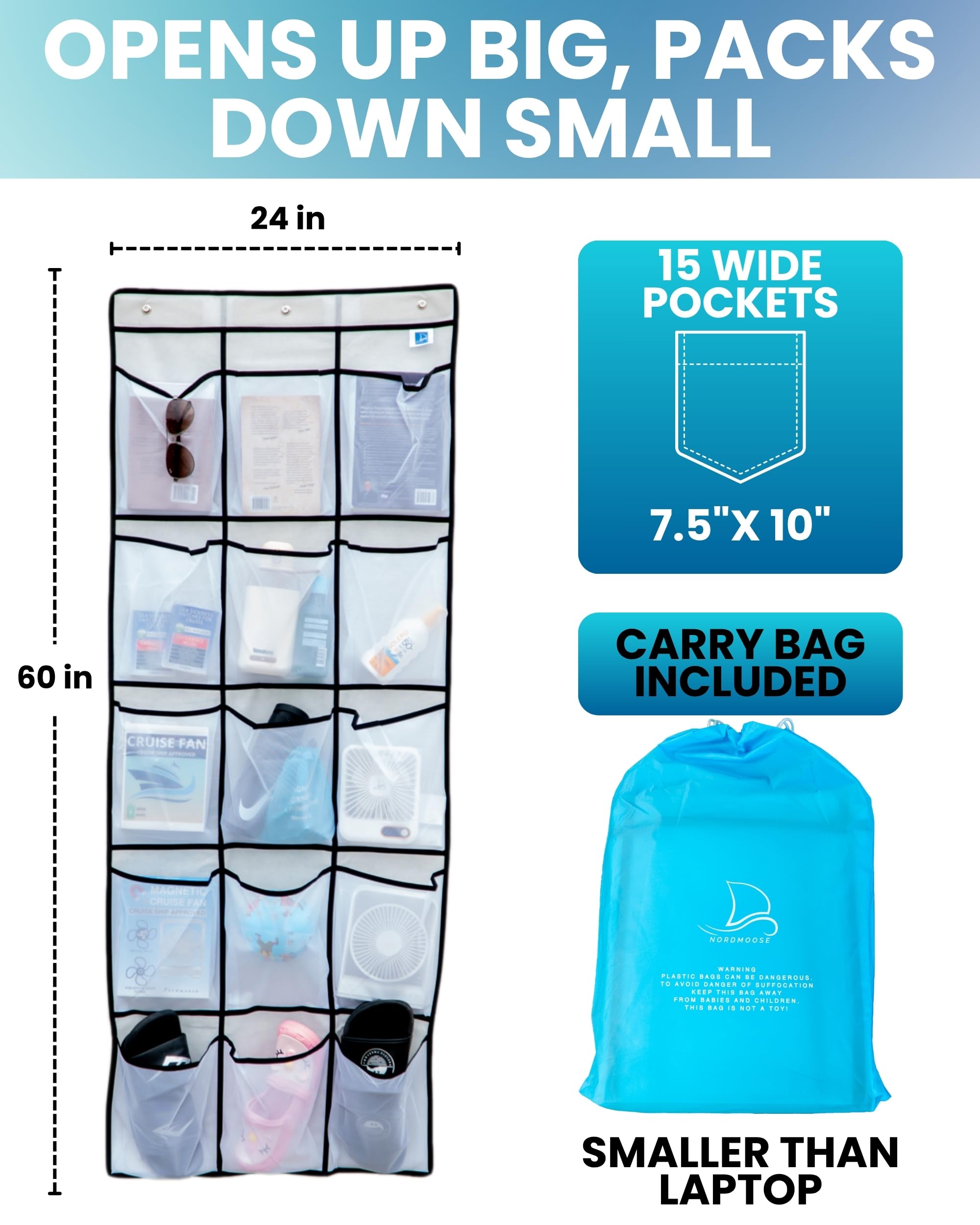 Spacious cruise ship bathroom organizer for toiletries and shoes
