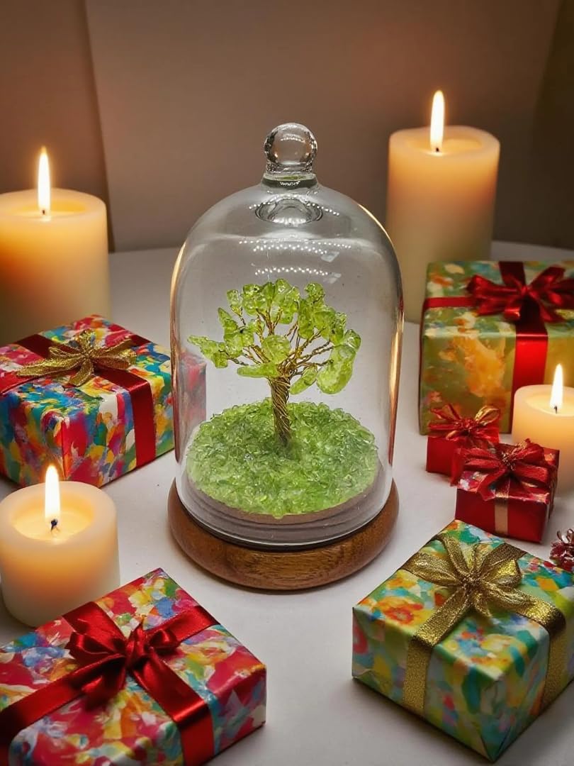 Crystal bonsai desk art with glass dome cover
