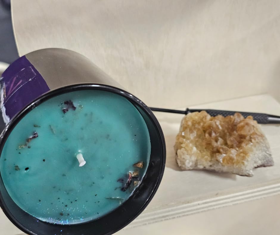 Crystal and candle setup for intention setting with Money Spell Candle Set